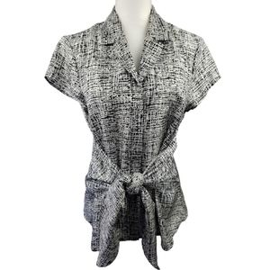 Jones New York 100% Silk Blouse Tie Front Size 12 Short Sleeve Career